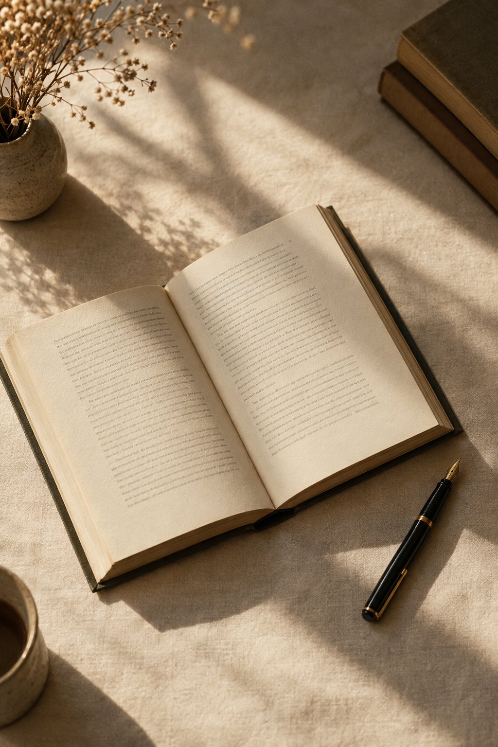 An open hardcover book and fountain pen on cream linen.
